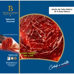 JAMBON IBÉRIQUE CEBO BENITO COUPÉ À LA MAIN ET PRÉSENTÉ EN EMBALLAGES DE 100 G. SELECCIÓN GOURMET