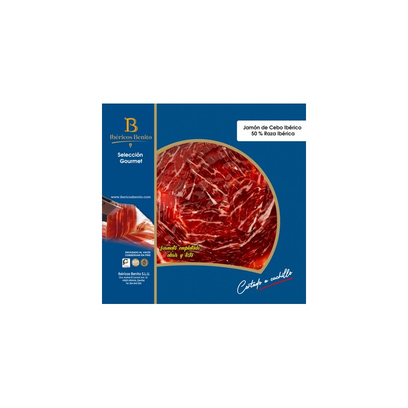 50% Benito Iberian Cebo Ham Cut with a Knife in a Round Lace of 100Gr. Gourmet Selection