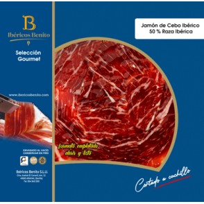 50% Benito Iberian Cebo Ham Cut with a Knife in a Round Lace of 100Gr. Gourmet Selection